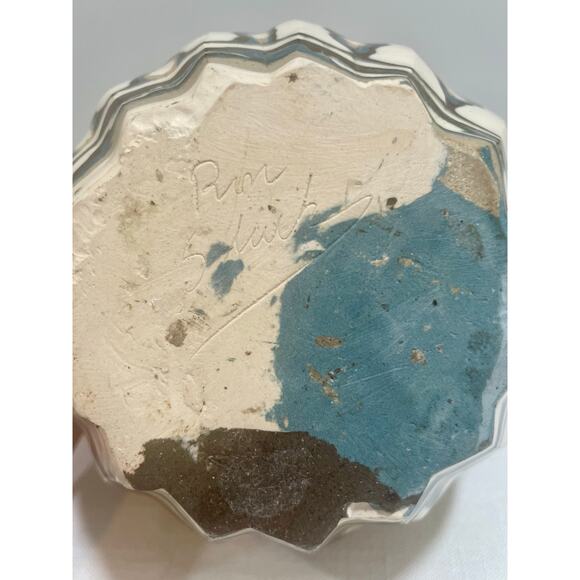 Hand Thrown Carved Agateware Pottery 8.25" Vase Blue Brown Cream Clay - Picture 4 of 13